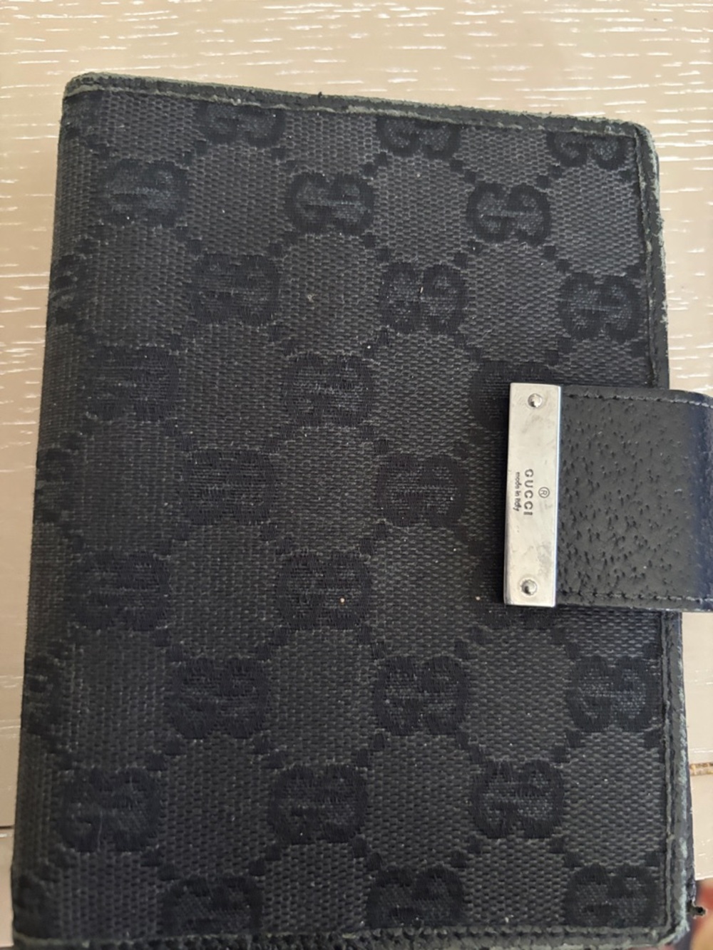 Gucci Black GG Monogram Canvas Wallet with Silver Plaque vintage passport